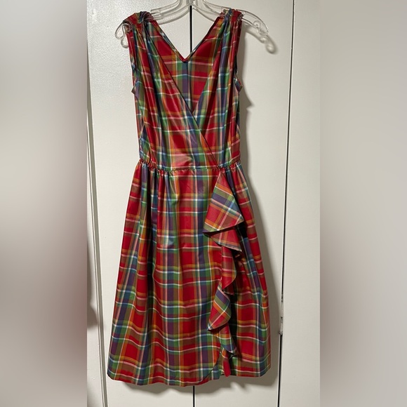 MUY Dresses & Skirts - Vintage Plaid Wrap Midi Dress with Ruffles - Red and Green